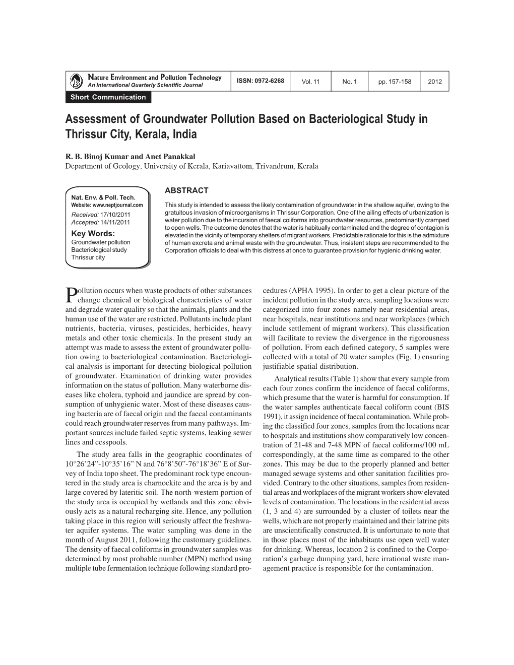 Assessment of Groundwater Pollution Based on Bacteriological Study in Thrissur City, Kerala, India