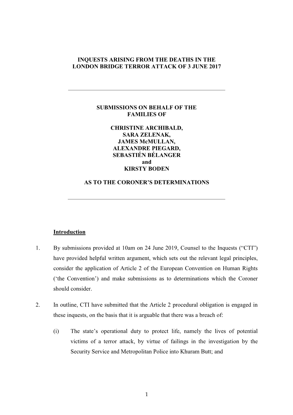 Inquests Arising from the Deaths in the London Bridge Terror Attack of 3 June 2017