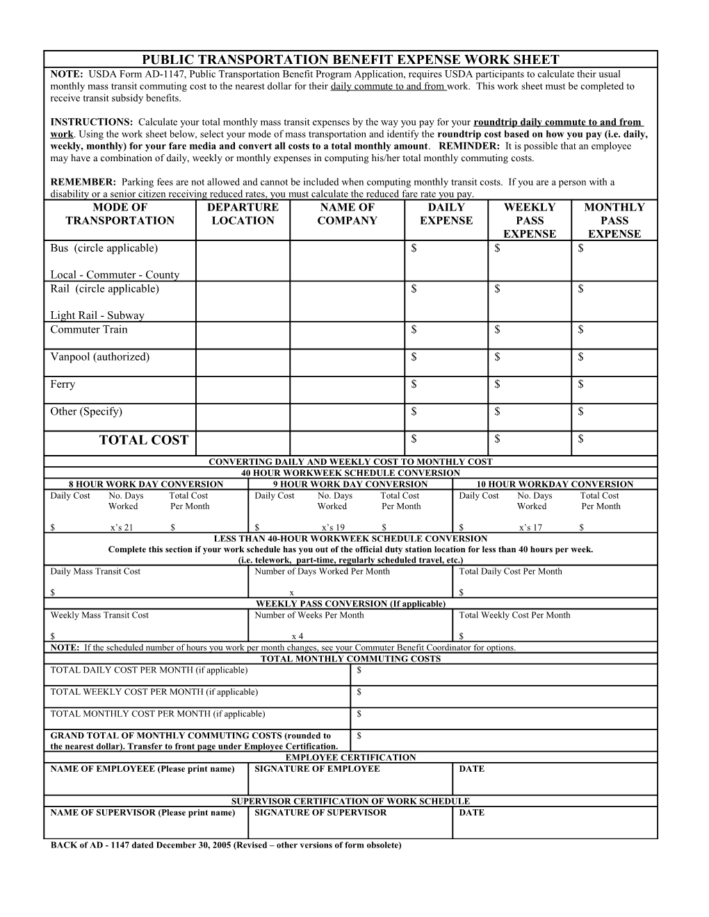 Public Transportation Benefit Expense Work Sheet