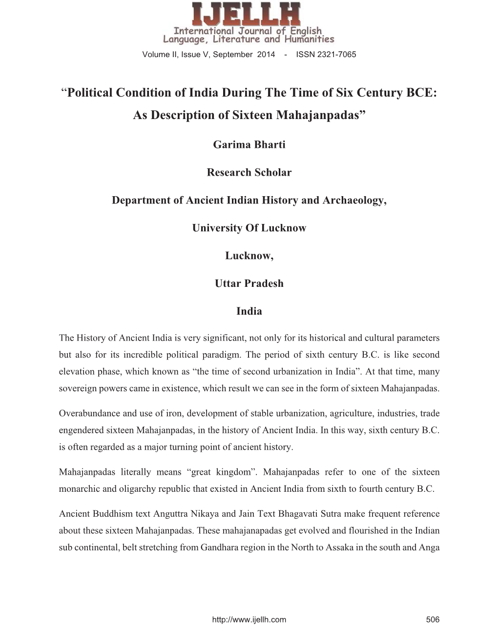 “Political Condition of India During the Time of Six Century BCE: As Description of Sixteen Mahajanpadas”