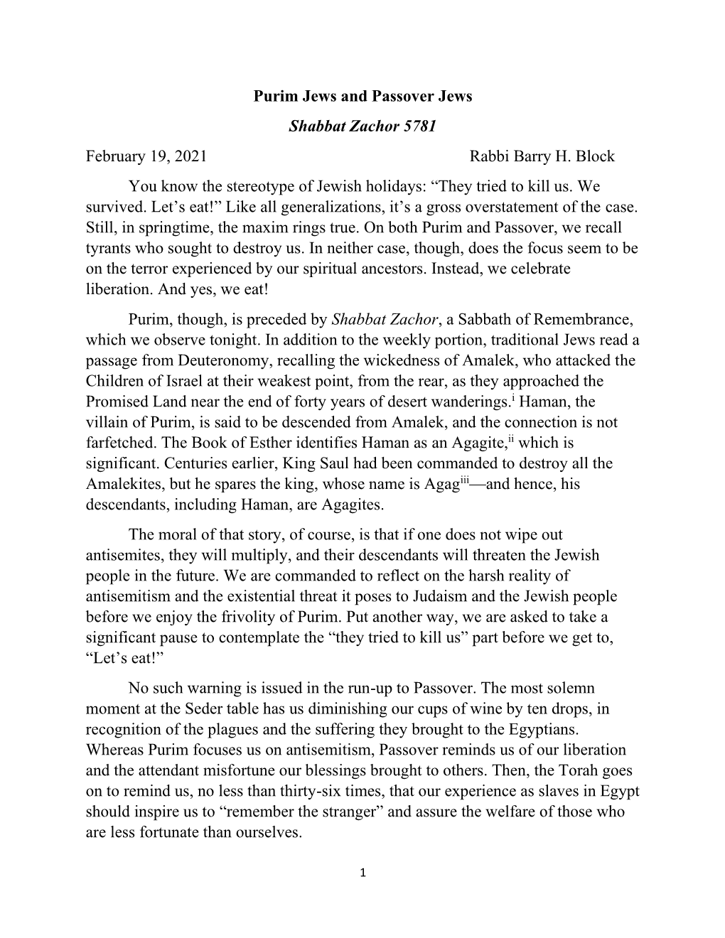 Purim Jews and Passover Jews Shabbat Zachor 5781 February 19, 2021 Rabbi Barry H
