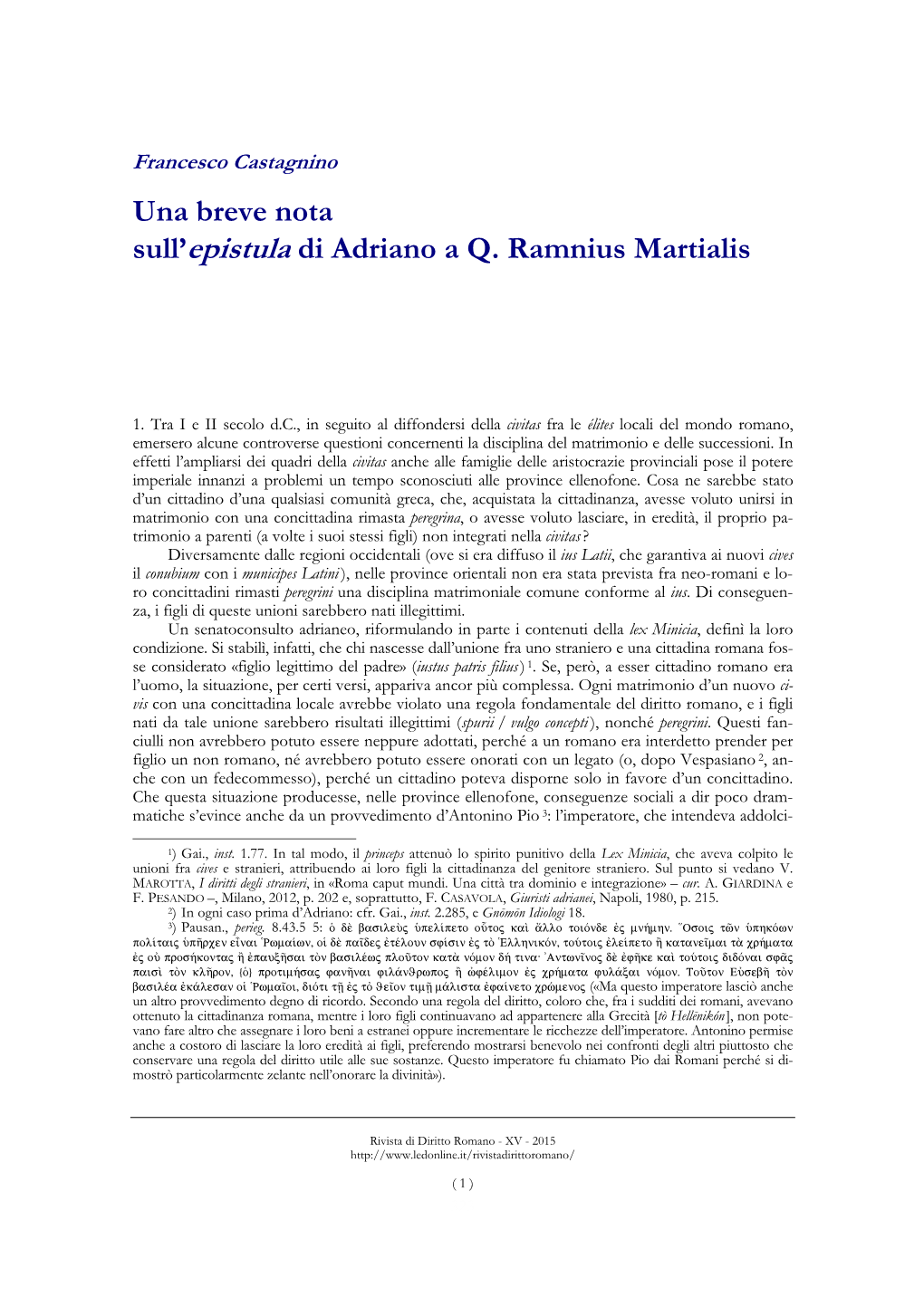 Una Breve Nota Sull'epistula Di Adriano a Q. Ramnius Martialis