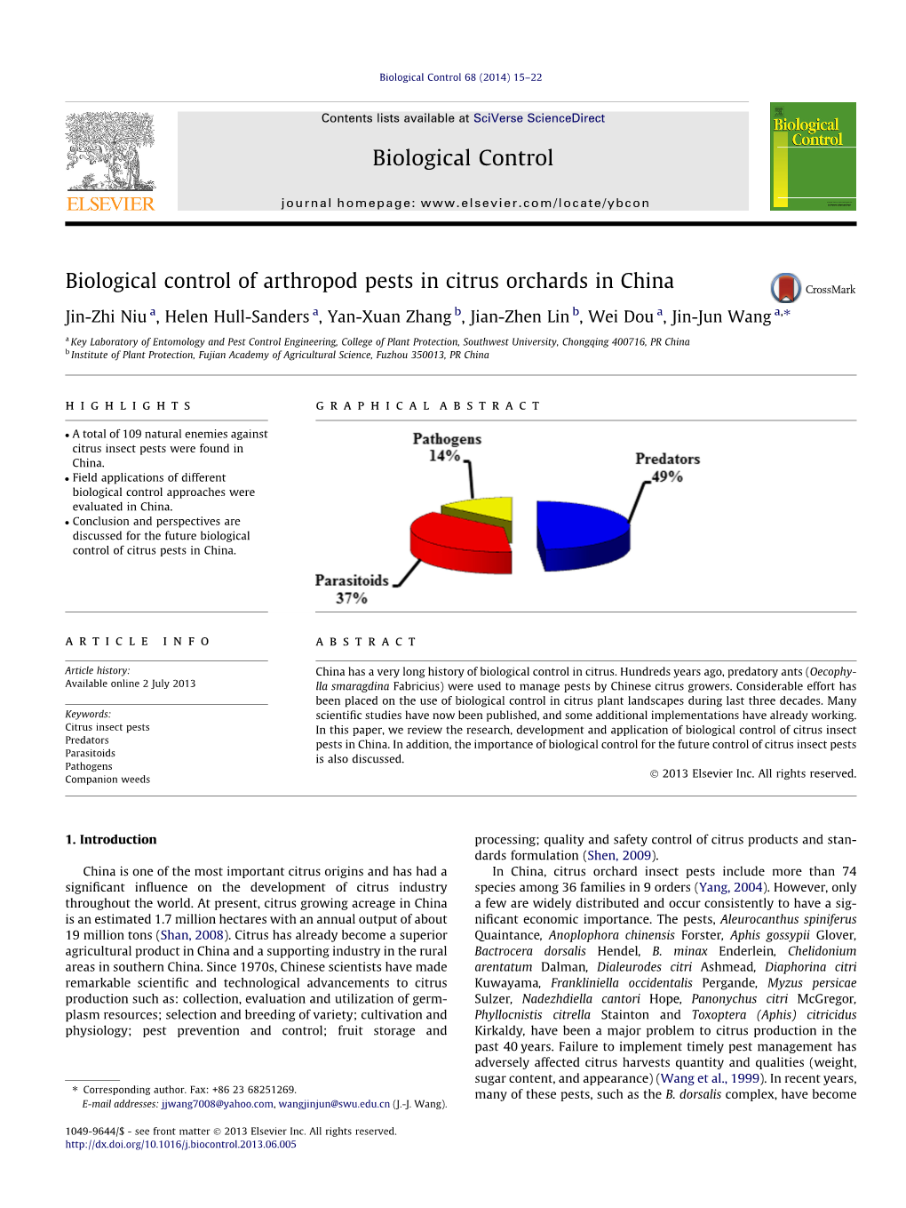 Biological Control of Arthropod Pests in Citrus Orchards in China