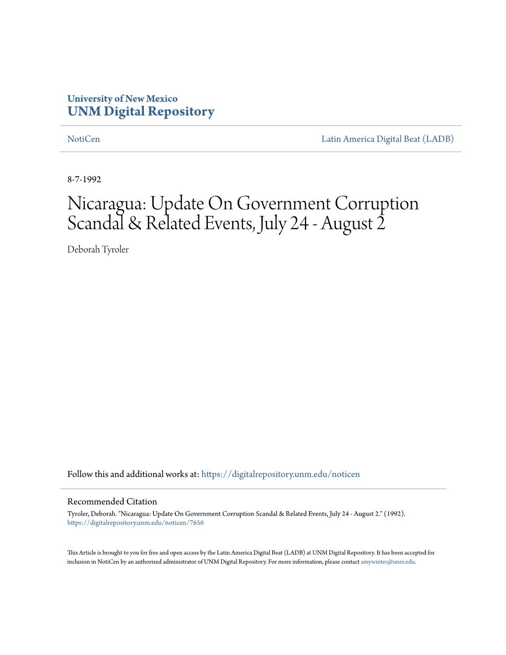 Nicaragua: Update on Government Corruption Scandal & Related Events, July 24 - August 2 Deborah Tyroler