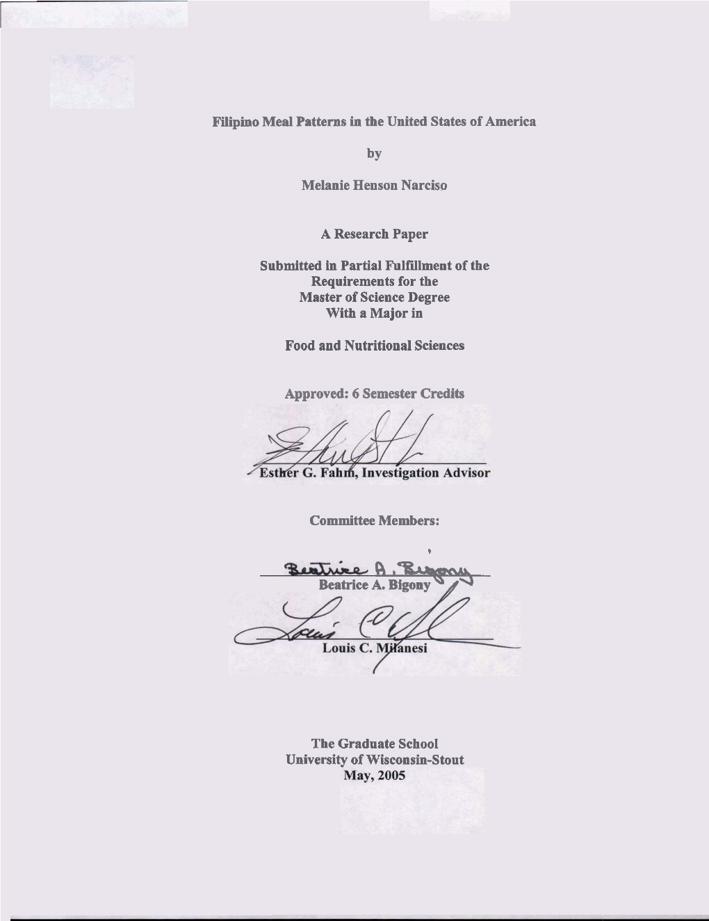 Filipino Meal Patterns in the United States of America Melanie Henson Narciso a Research Paper Submitted in Partial Fulfilment O