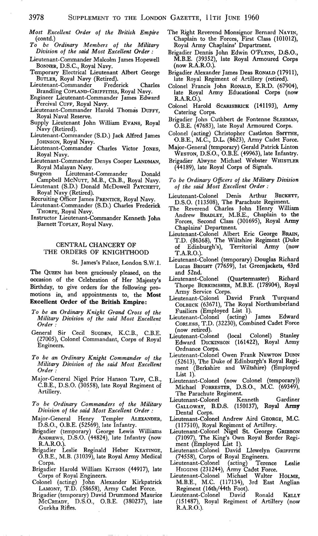 3978 Supplement to the London Gazette, Hth June 1960