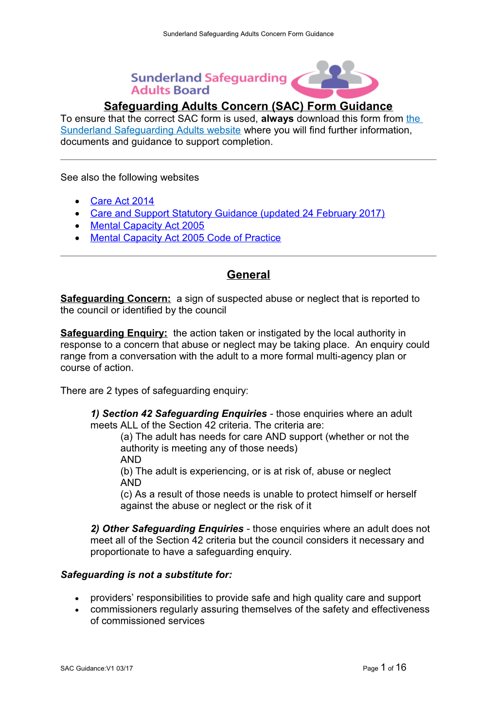 Safeguarding Adults Concern (SAC) Form Guidance