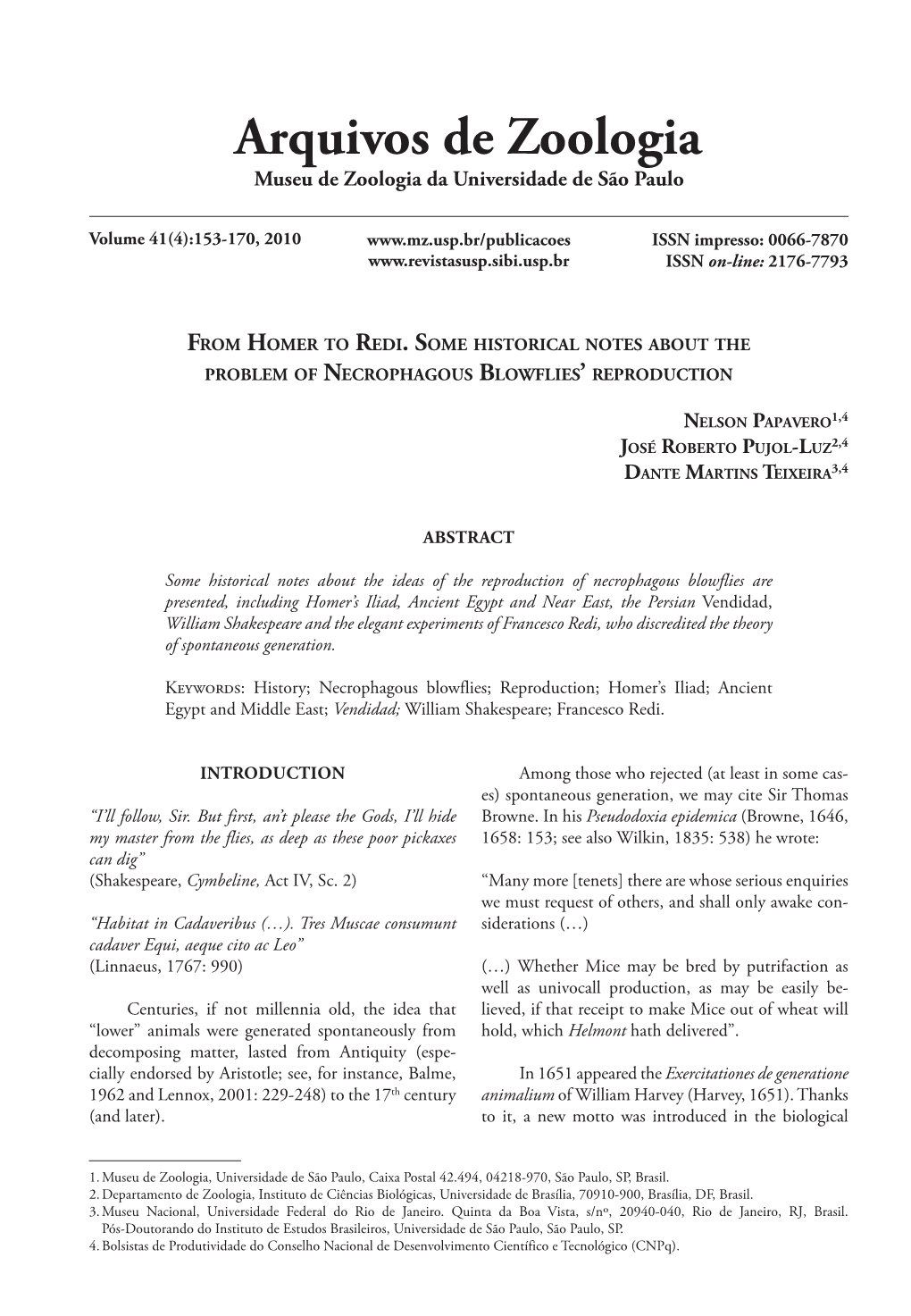 From Homer to Redi. Some Historical Notes About the Problem of Necrophagous Blowflies’ Reproduction