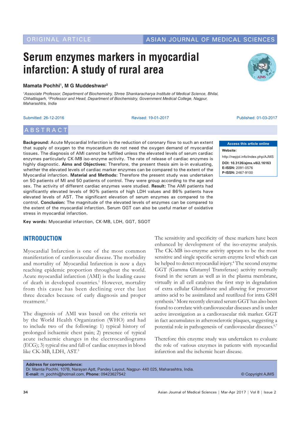 Serum Enzymes Markers in Myocardial Infarction: a Study of Rural Area