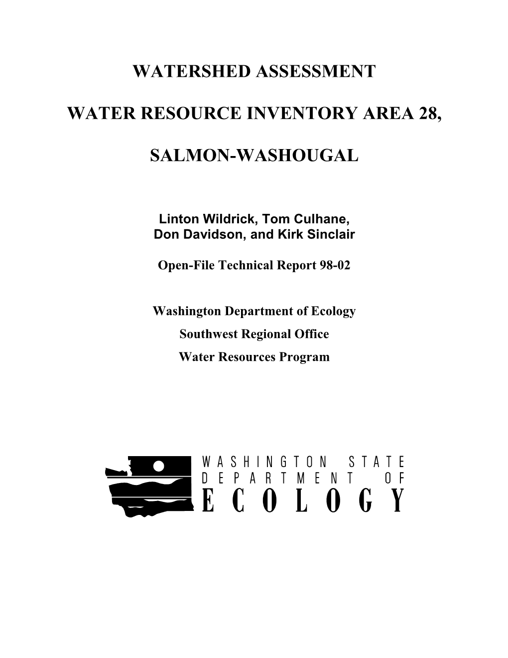 Watershed Assessment Water Resource Inventory Area 28, Salmon-Washougal