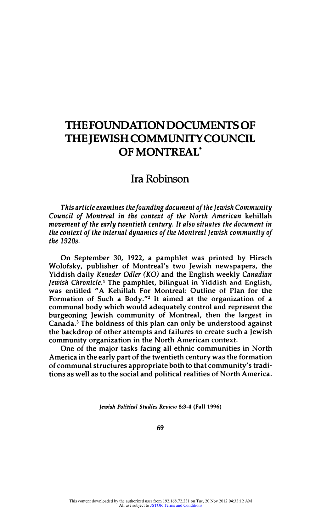 The Foundation Documents of the Jewishcommunity Council of Montreal*