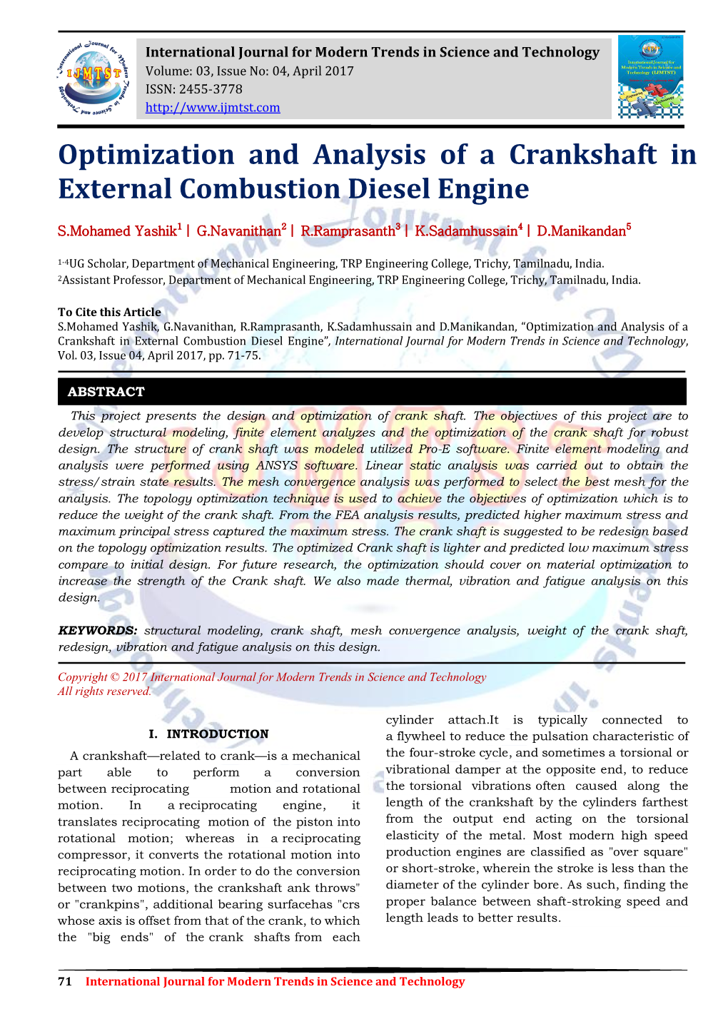 Optimization and Analysis of a Crankshaft in External Combustion Diesel Engine