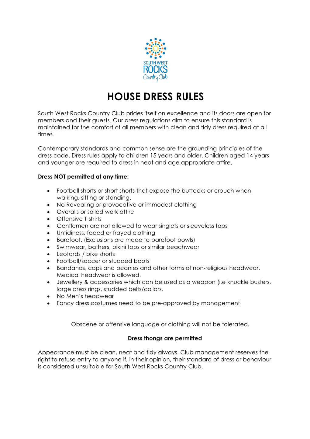 Swrcc House Dress Rules