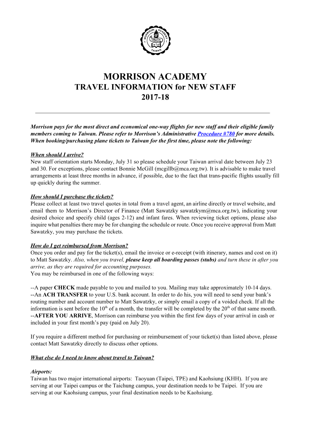 MORRISON ACADEMY TRAVEL INFORMATION for NEW STAFF 2017-18