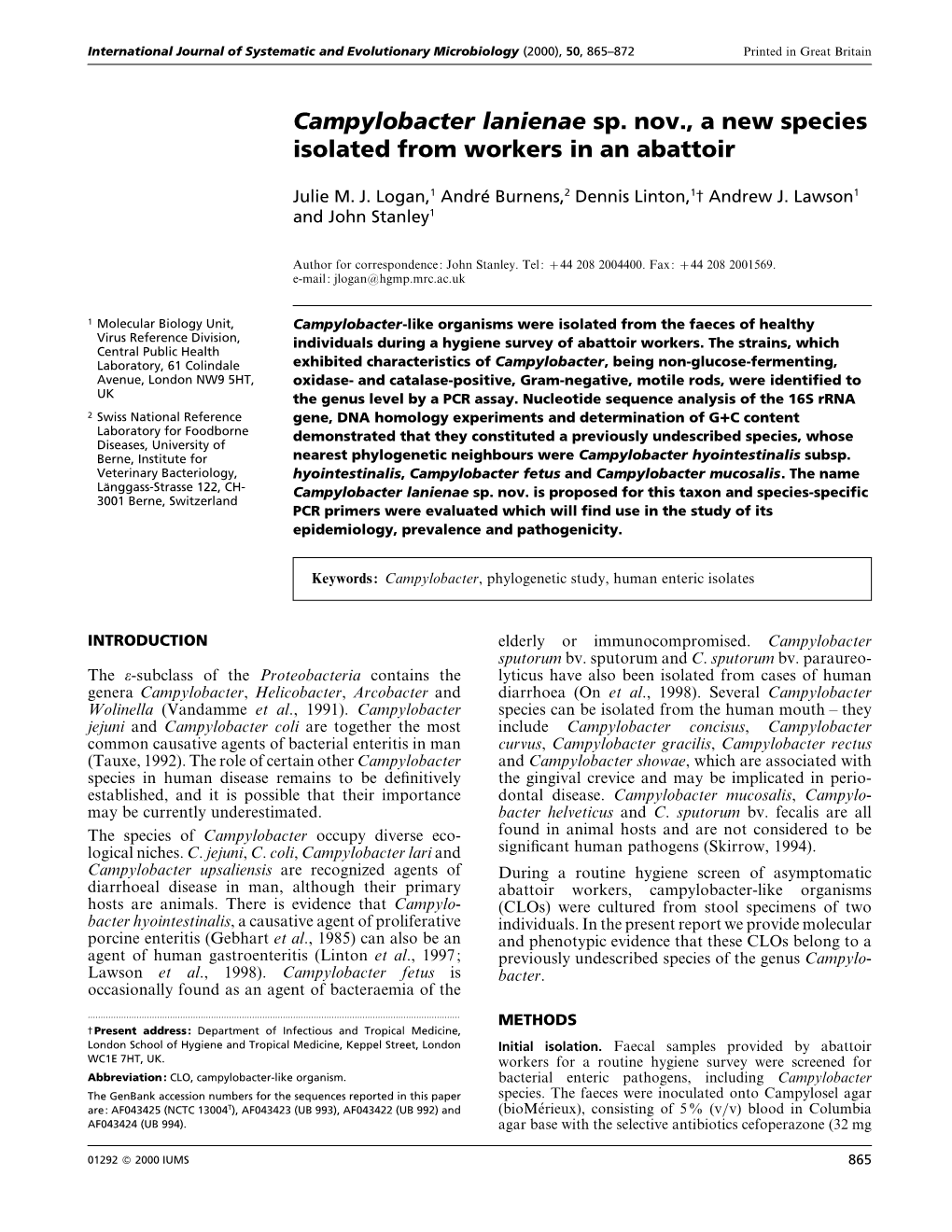 Campylobacter Lanienae Sp. Nov., a New Species Isolated from Workers in an Abattoir