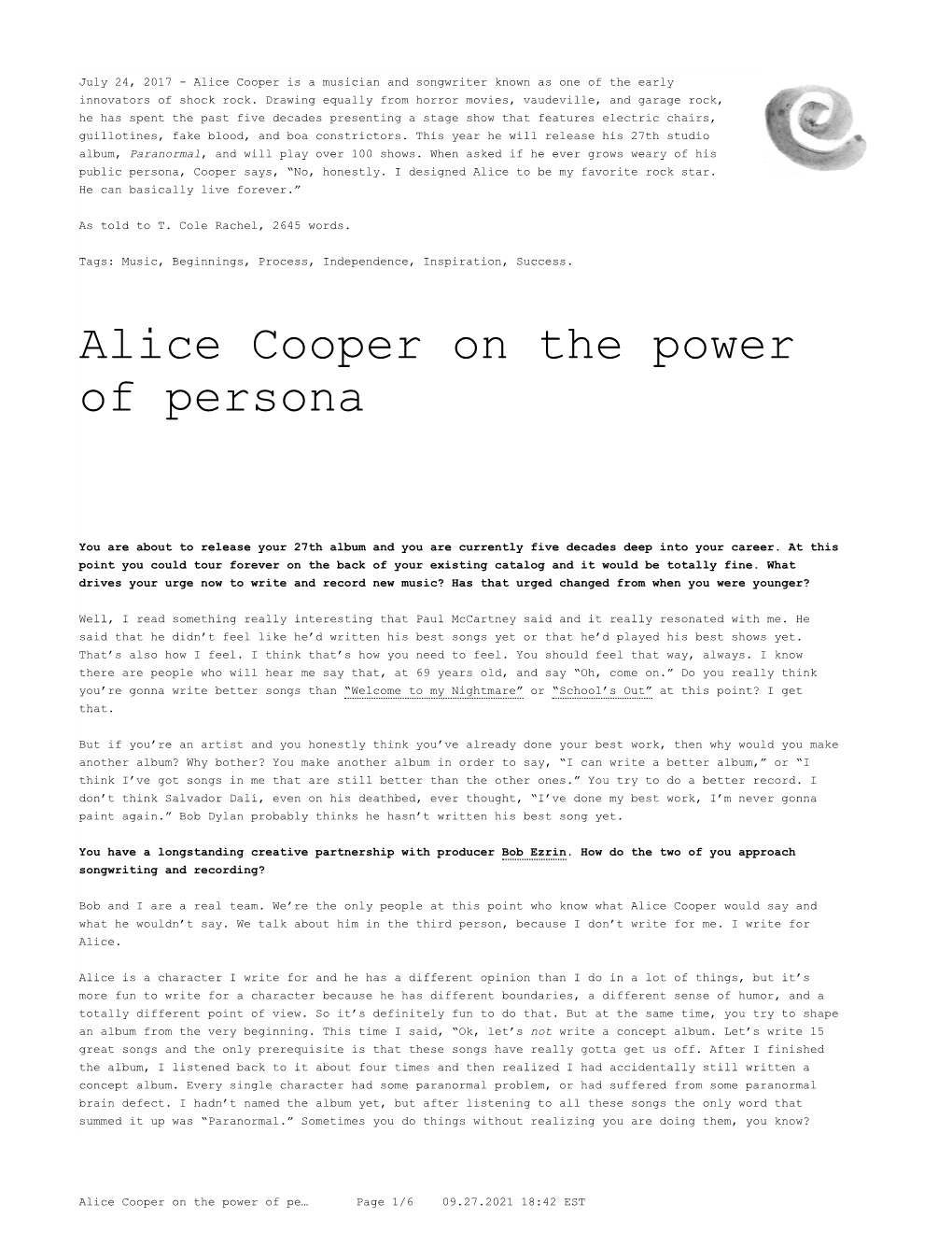 Alice Cooper on the Power of Persona