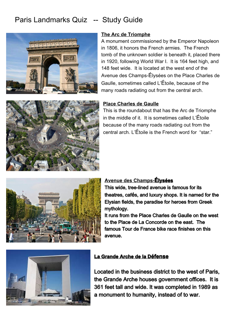 Paris Landmarks Quiz Study Guide