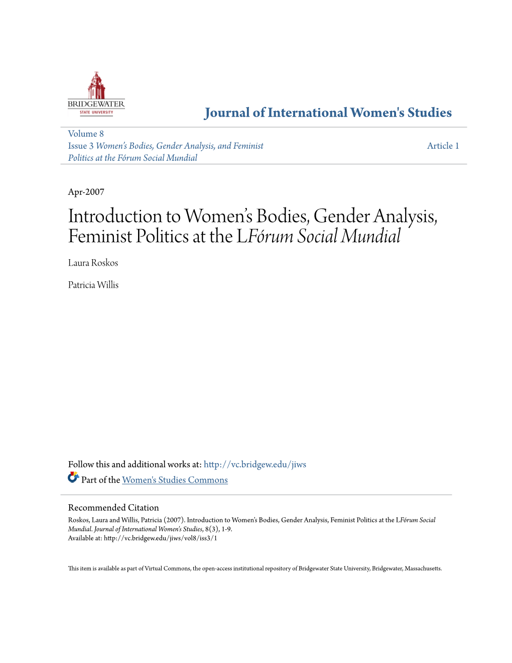 Introduction to Women's Bodies, Gender Analysis, Feminist Politics