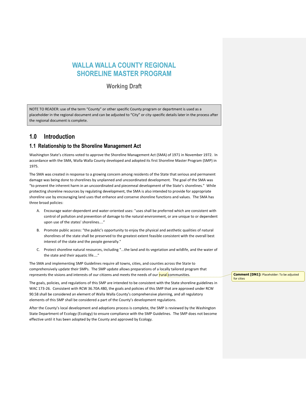 WALLA WALLA COUNTY REGIONAL SHORELINE MASTER PROGRAM Working Draft