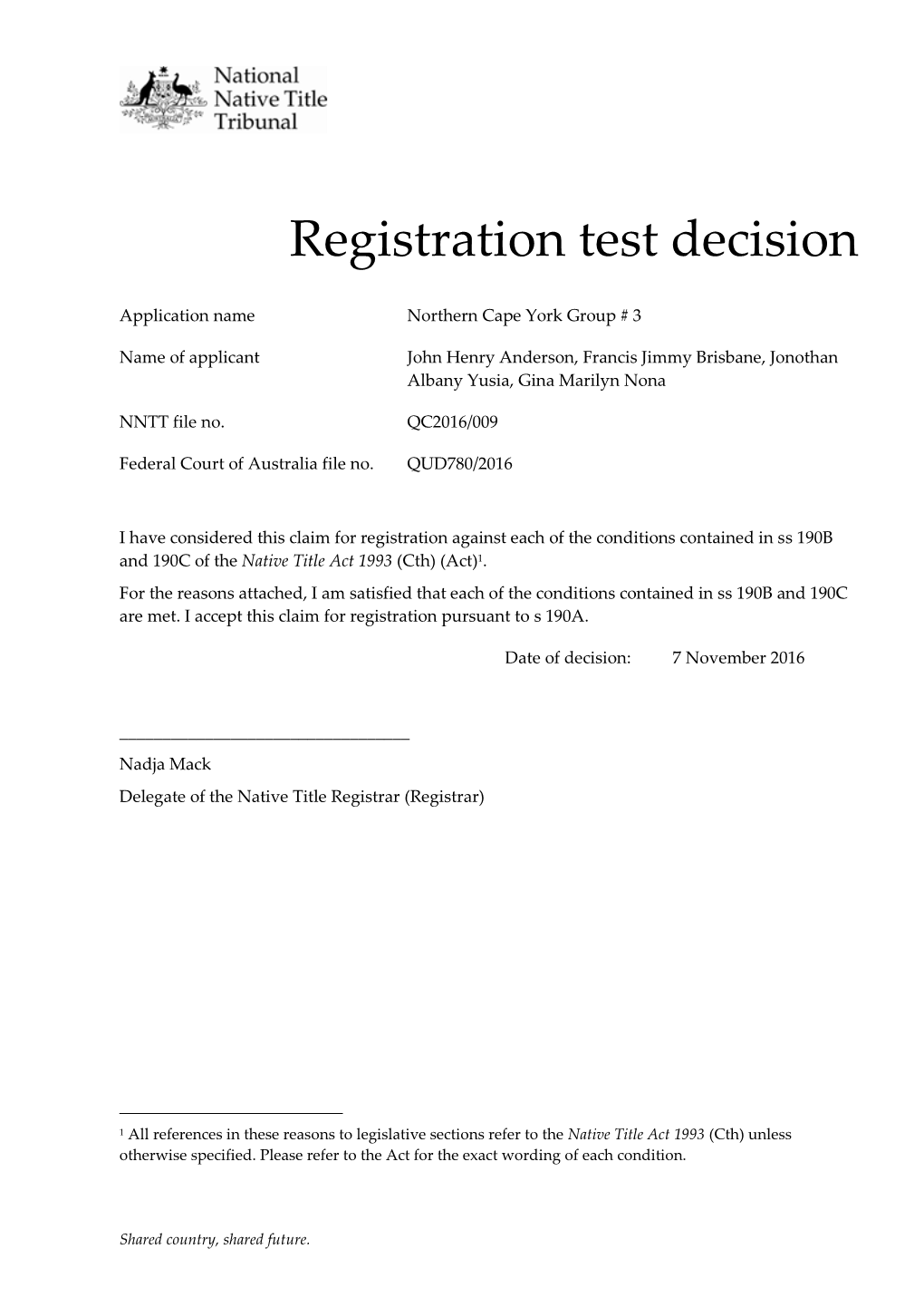 Registration Test Decision