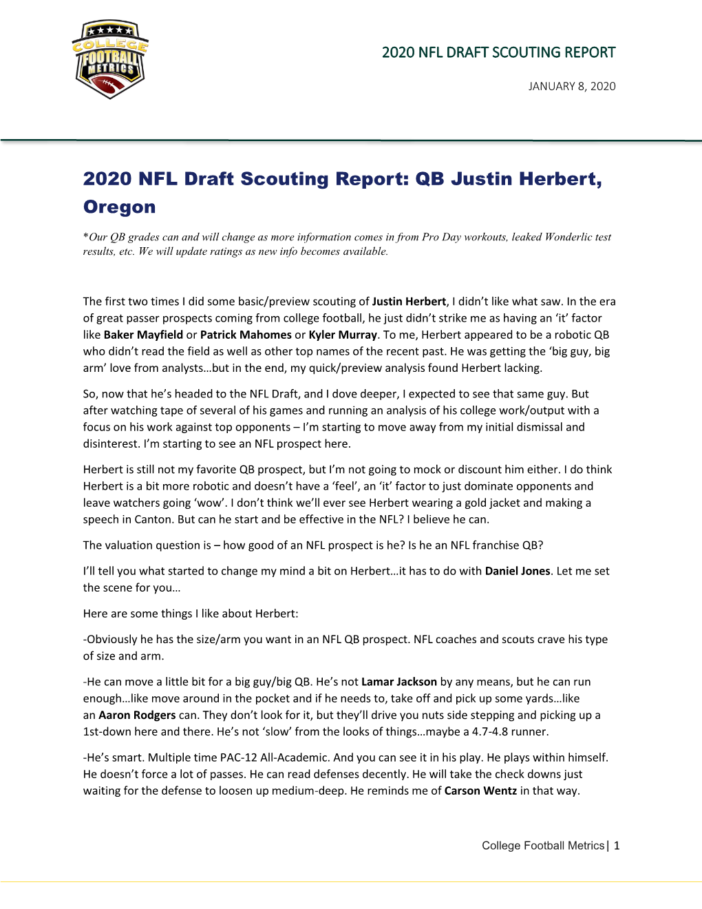 2020 NFL Draft Scouting Report: QB Justin Herbert, Oregon