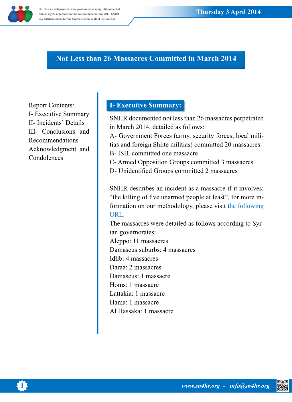 Not Less Than 26 Massacres Committed in March 2014