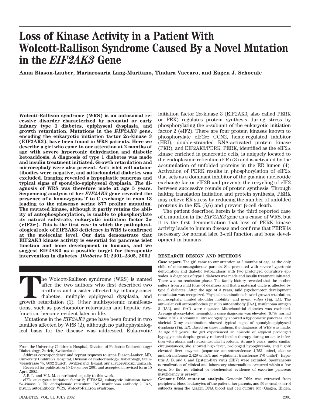 Loss of Kinase Activity in a Patient with Wolcott-Rallison Syndrome