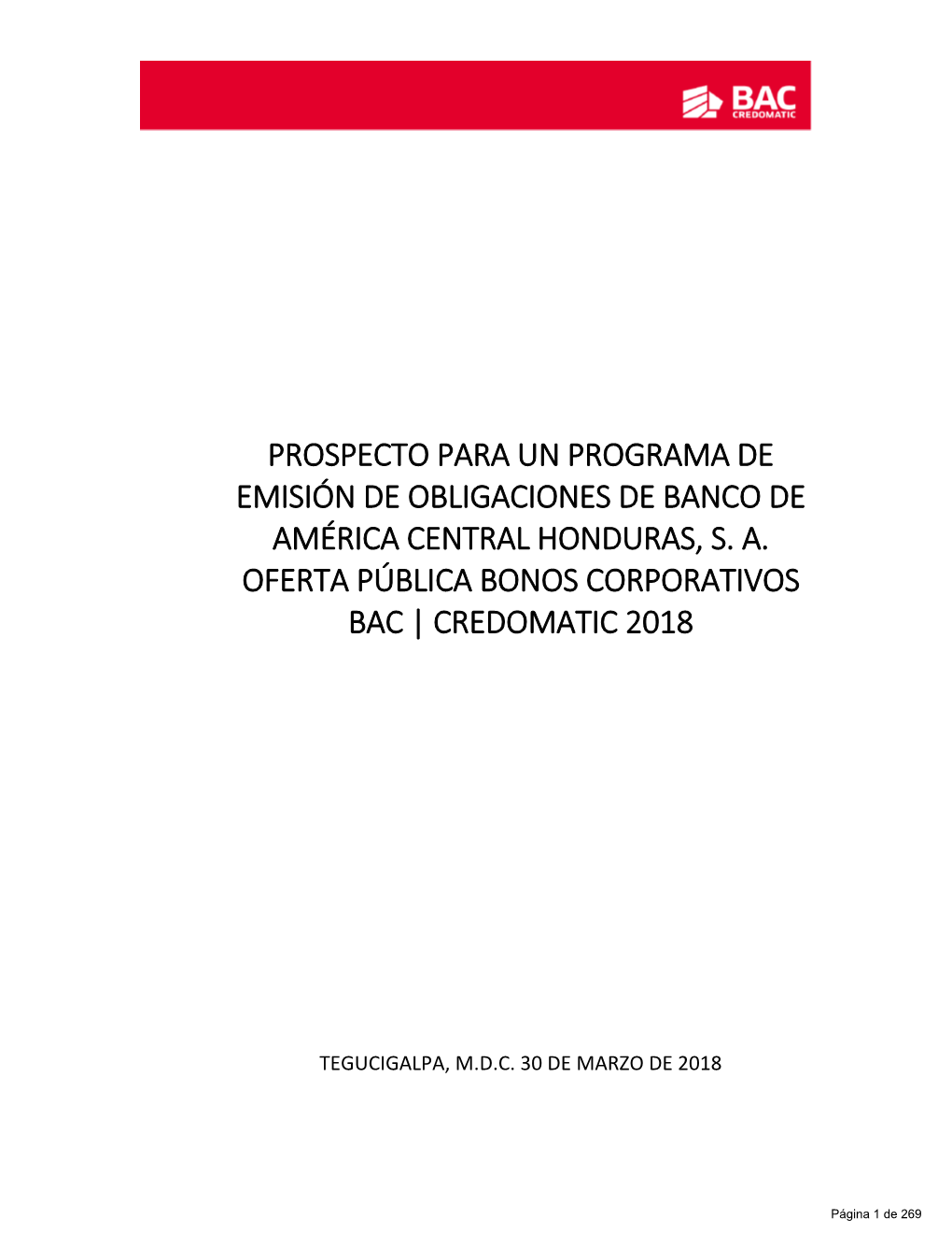 Prospecto Para Un Programa De Emisión De Obligaciones De Banco De América Central Honduras, S