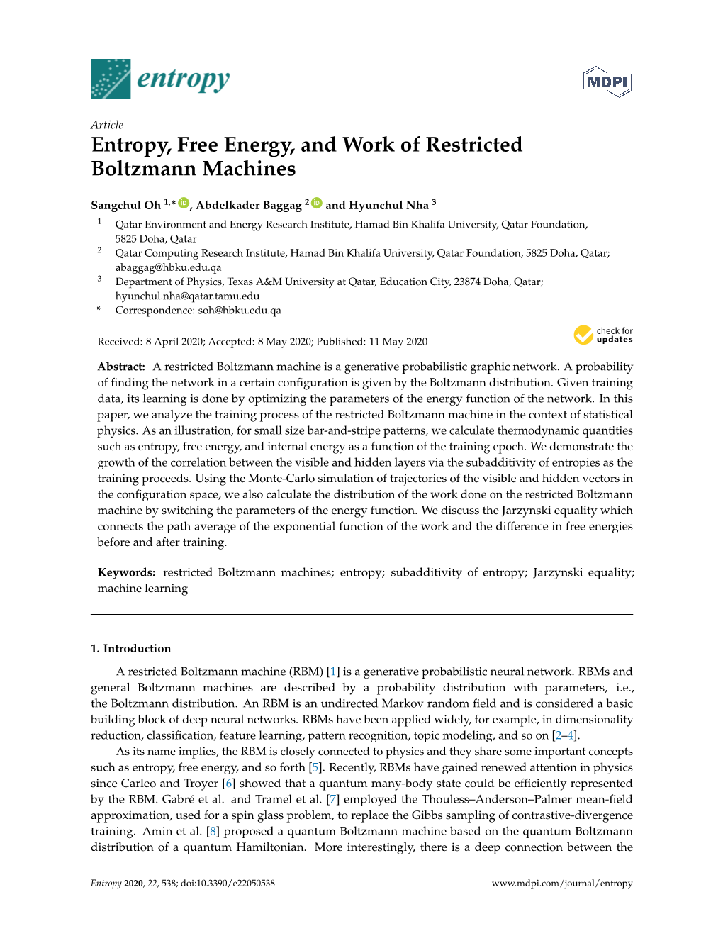 Entropy, Free Energy, and Work of Restricted Boltzmann Machines