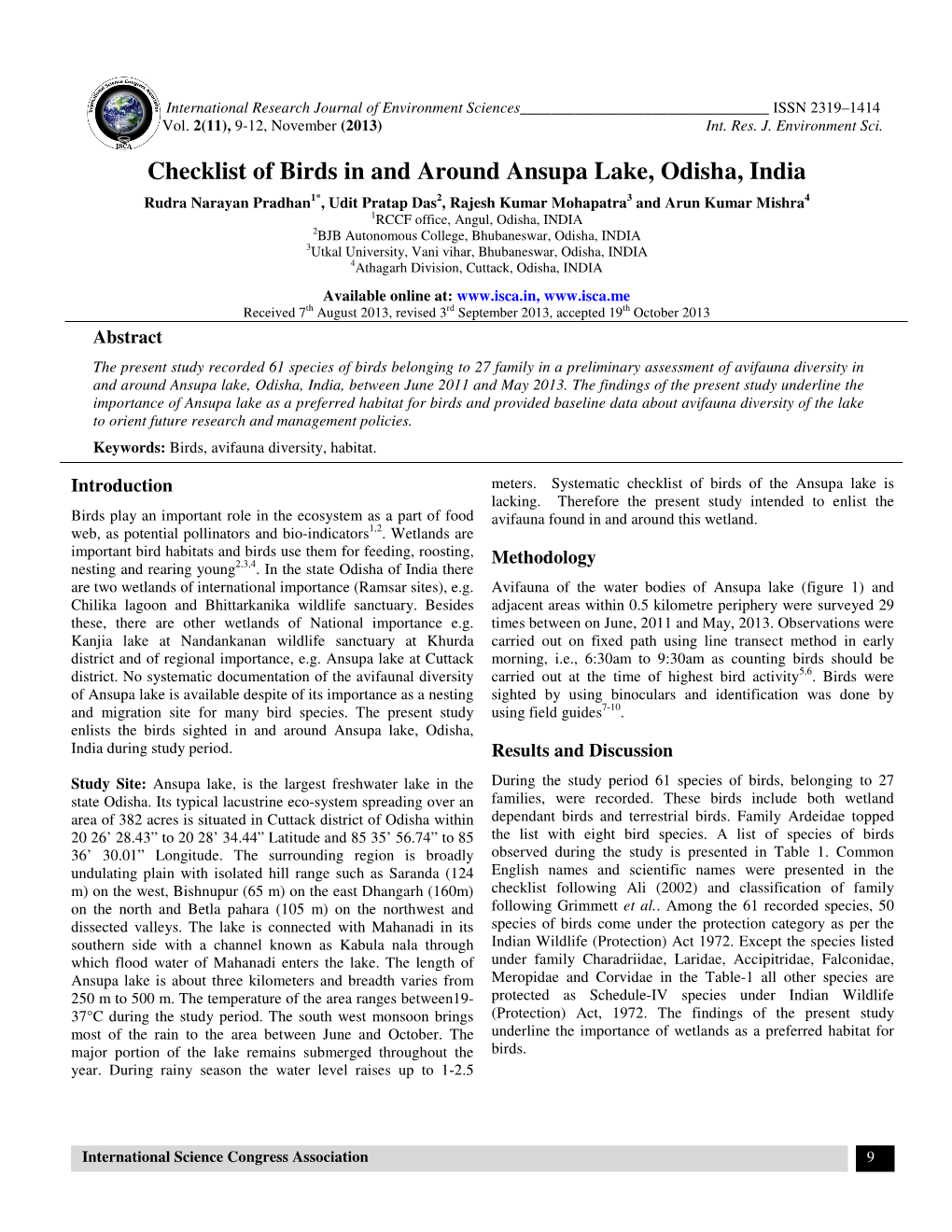 Checklist of Birds in and Around Ansupa Lake, Odisha, India