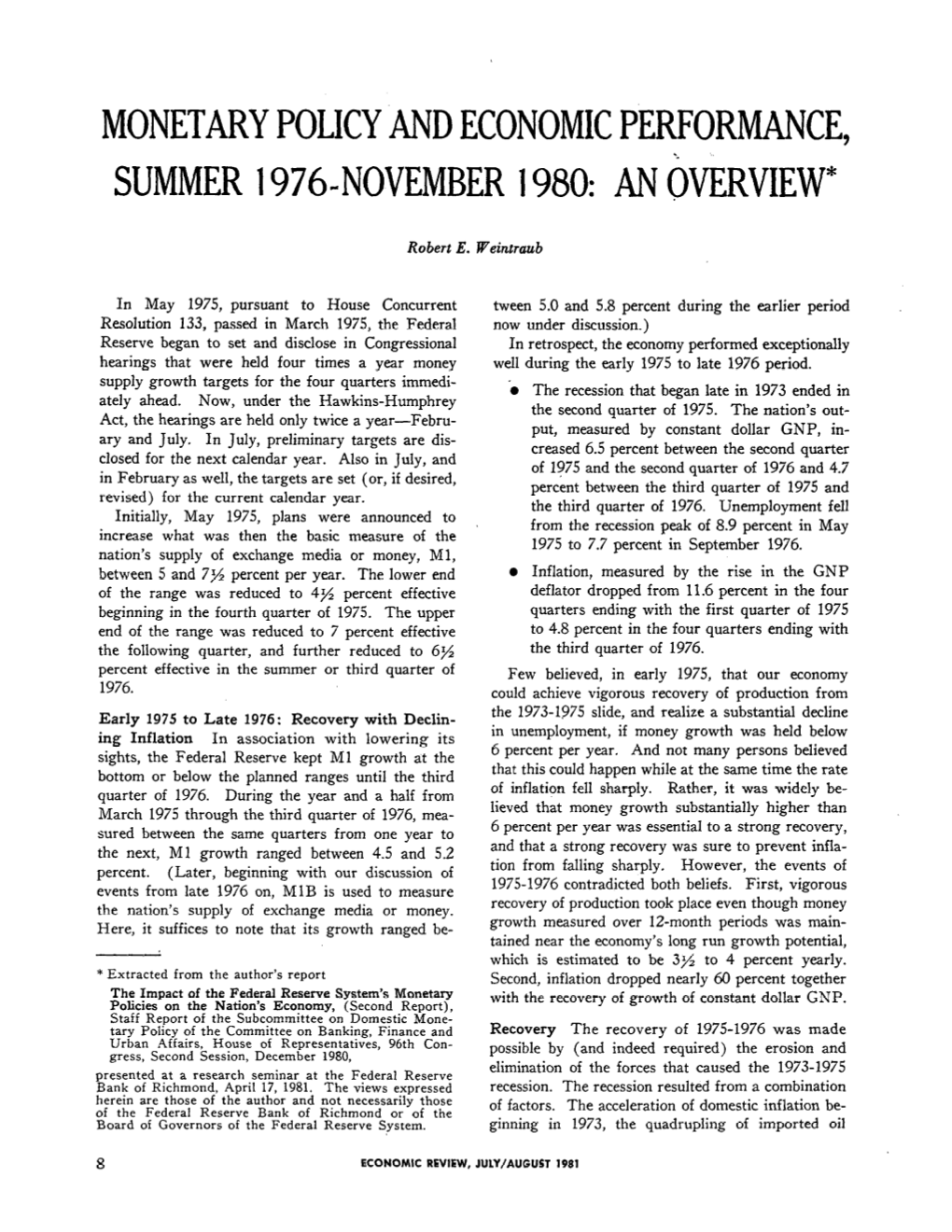 Monetary Policy and Economic Performance, Summer 1976