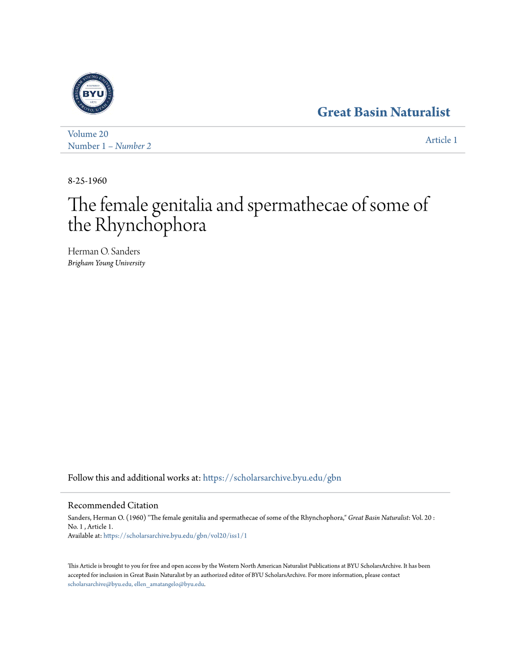 The Female Genitalia and Spermathecae of Some of the Rhynchophora Herman O
