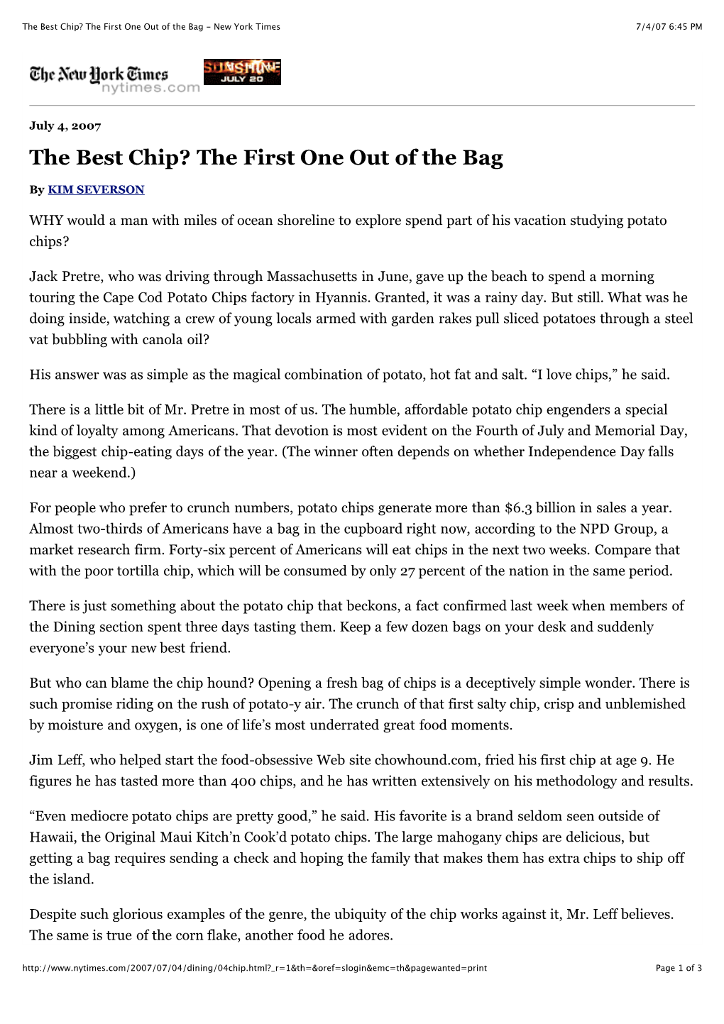 The Best Chip? the First One out of the Bag - New York Times 7/4/07 6:45 PM