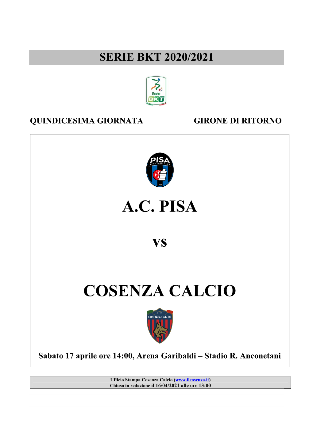 A.C. PISA Vs COSENZA CALCIO