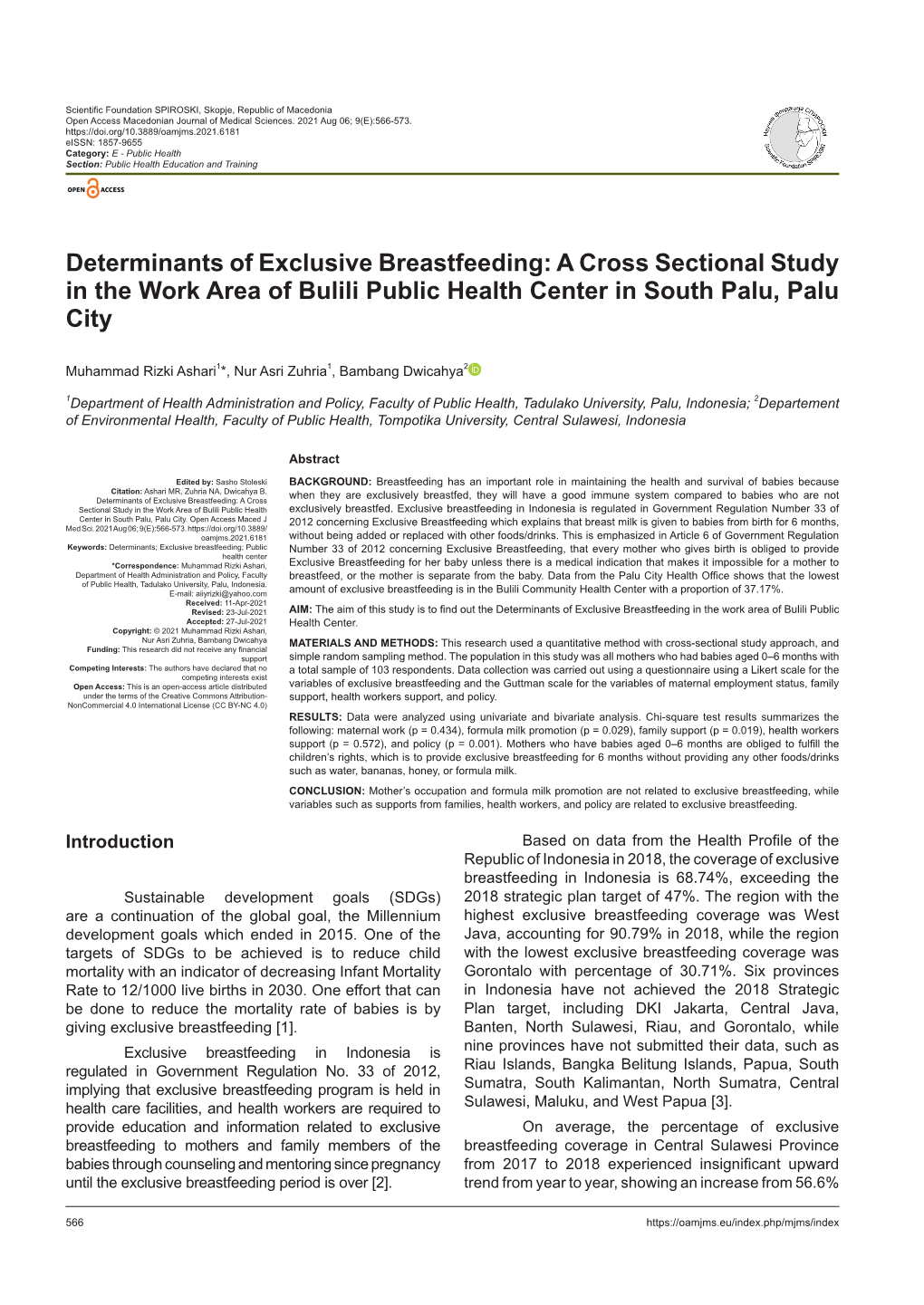 Determinants of Exclusive Breastfeeding: a Cross Sectional Study in the Work Area of Bulili Public Health Center in South Palu, Palu City