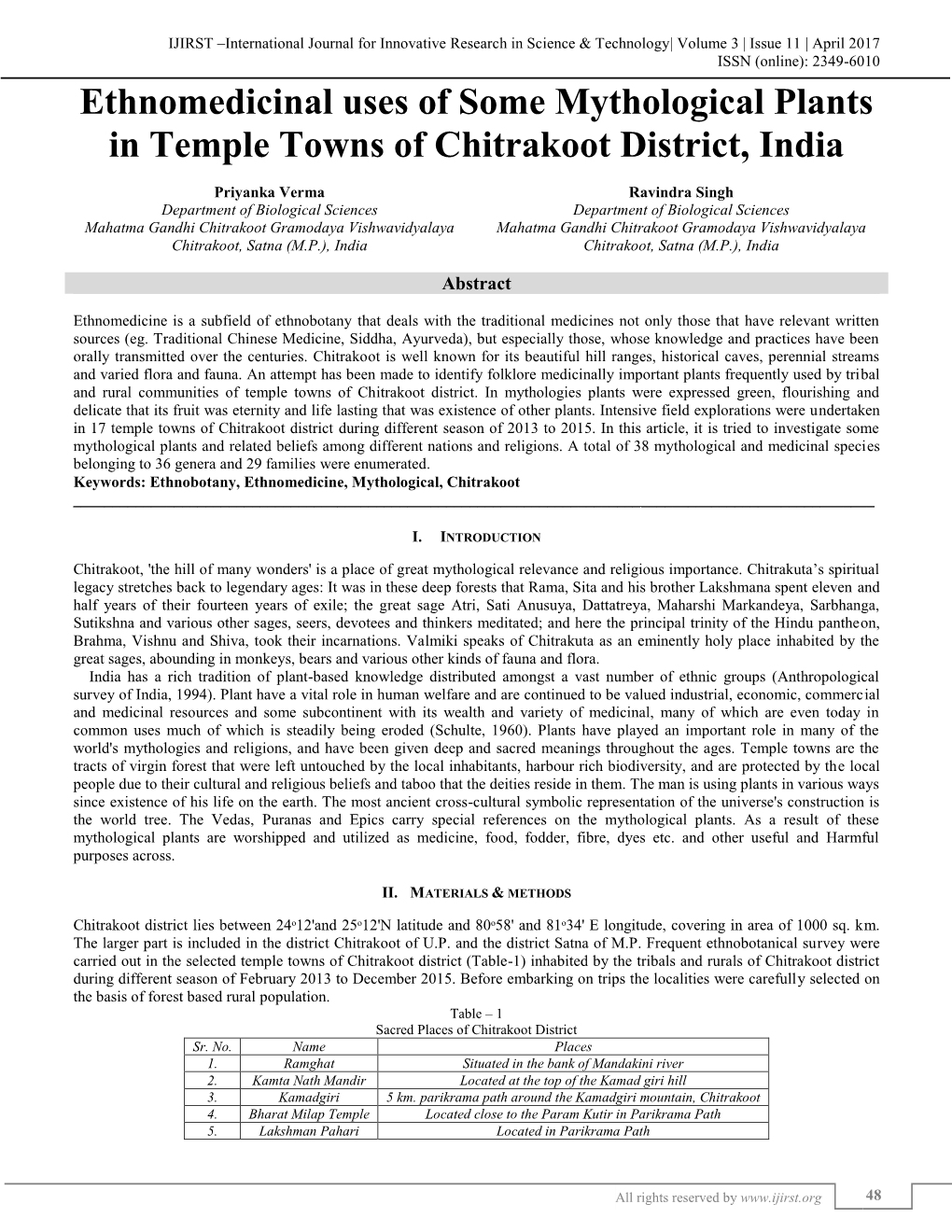 Ethnomedicinal Uses of Some Mythological Plants in Temple Towns of Chitrakoot District, India (IJIRST/ Volume 3 / Issue 11/ 008)
