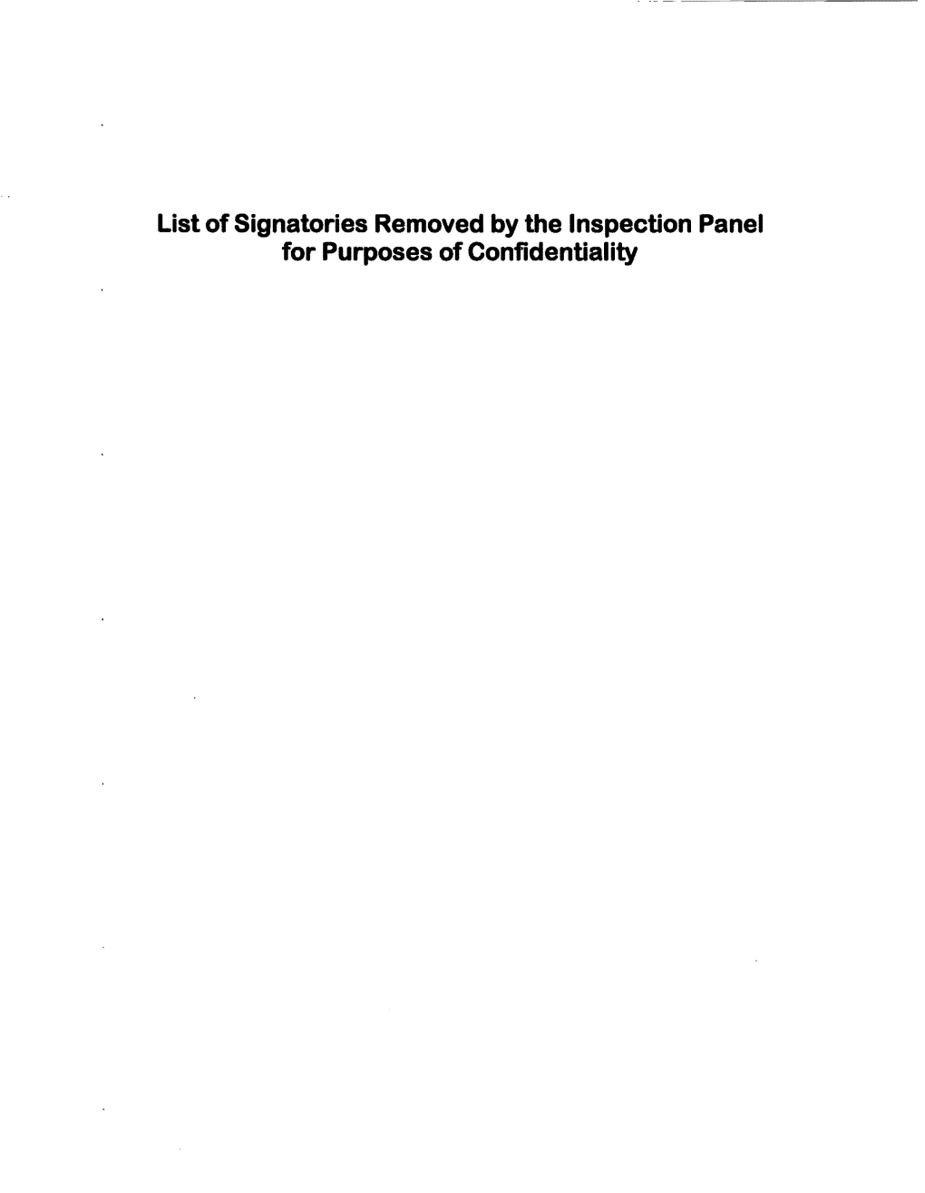 List of Signatories Removed by the Inspection Panel for Purposes of Confidentiality