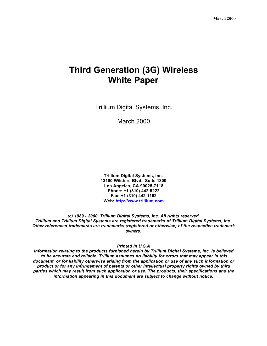 Third Generation (3G) Wireless White Paper