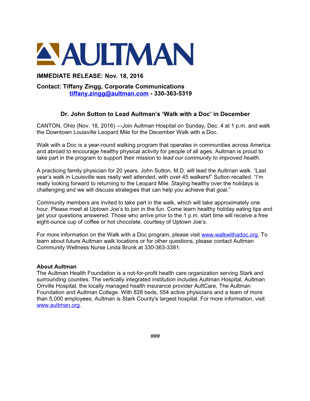 Dr. John Sutton to Lead Aultman S Walk with a Doc in December