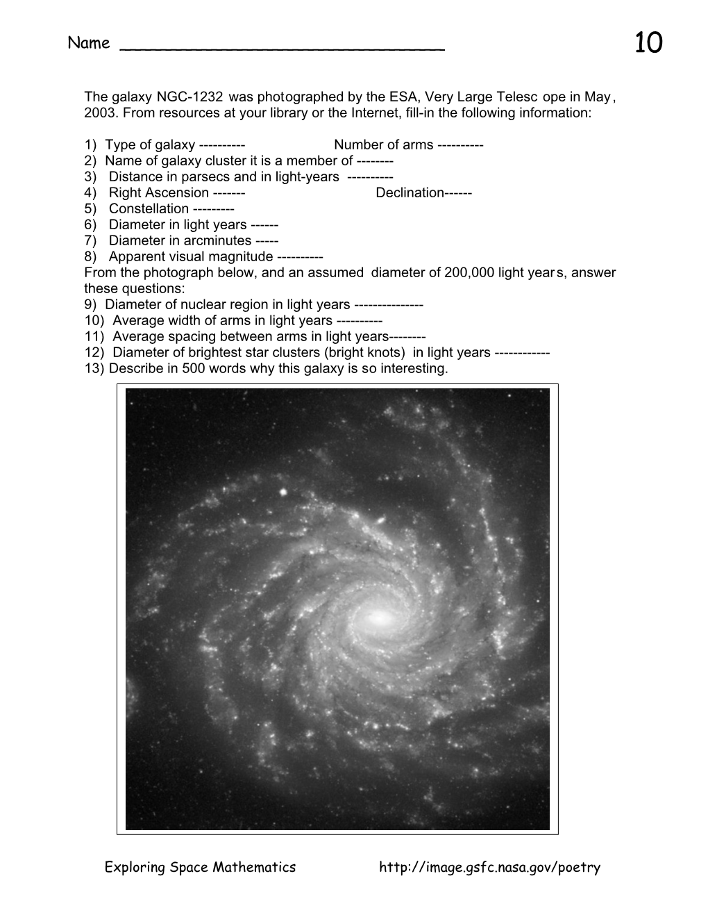 Problem 10, Exploring a Galaxy: NGC-1232