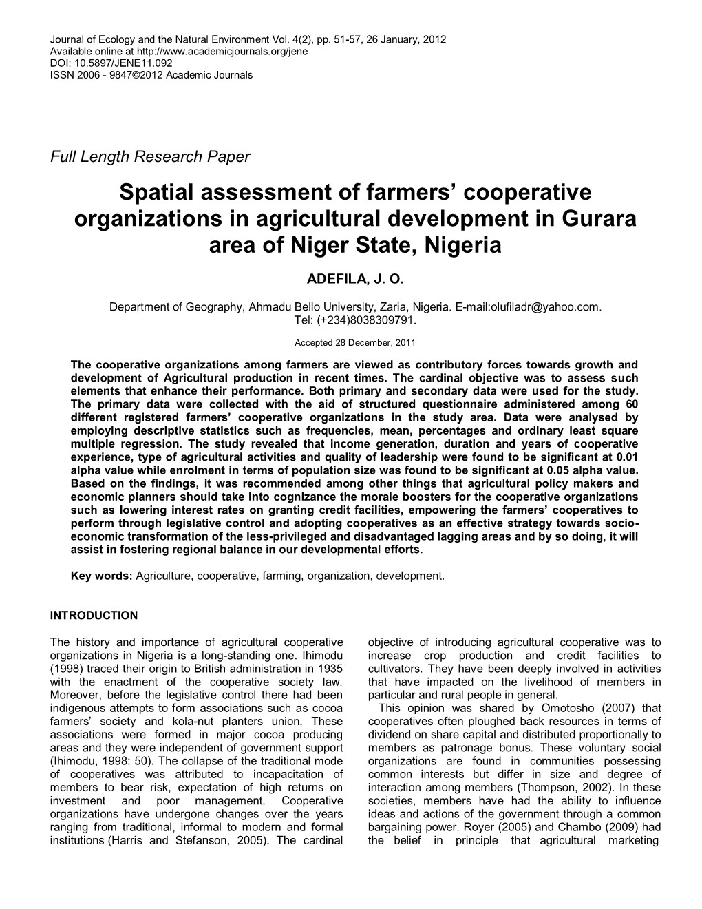 Spatial Assessment of Farmers' Cooperative Organizations In