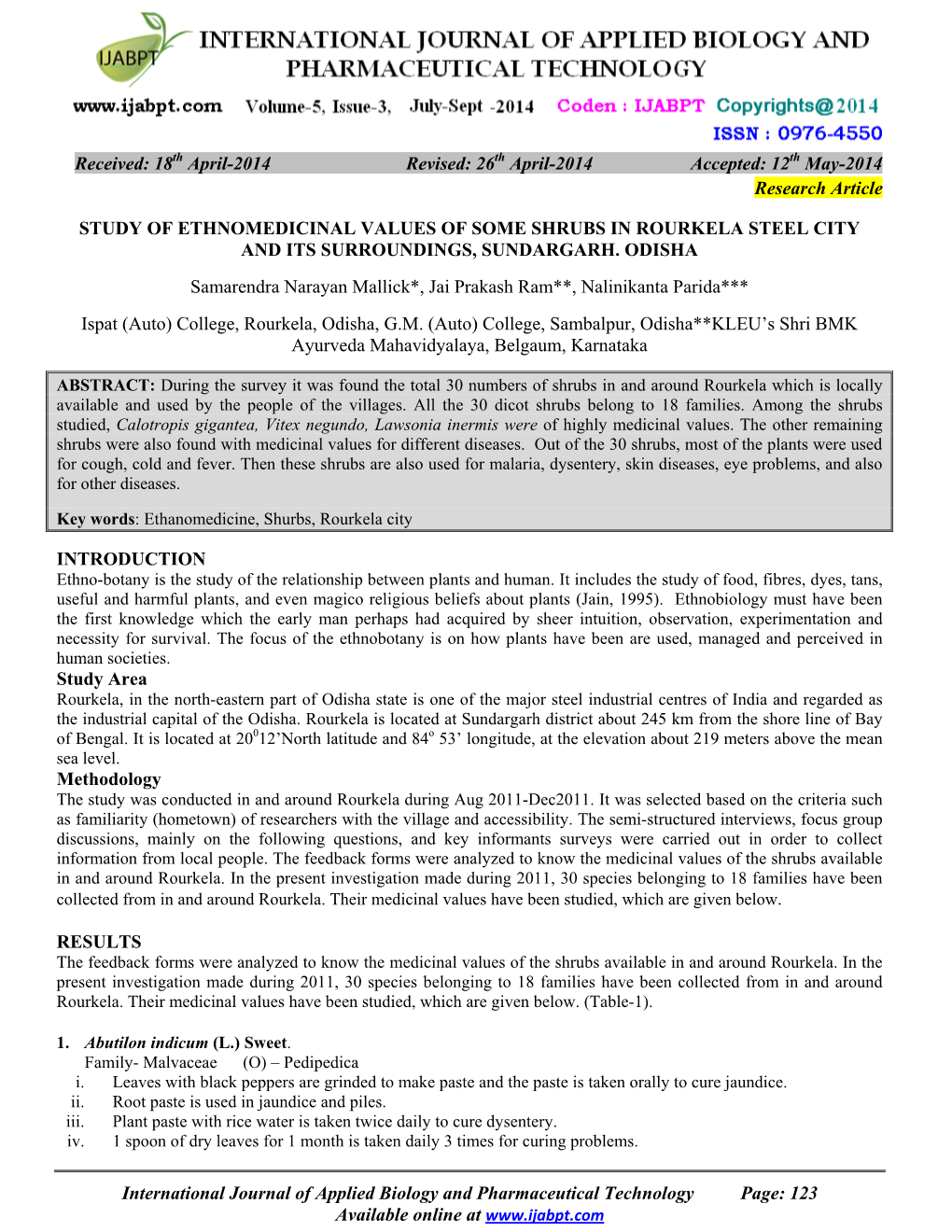 12 May-2014 Research Article STUDY of ETHNOMEDICINAL VALUES OF