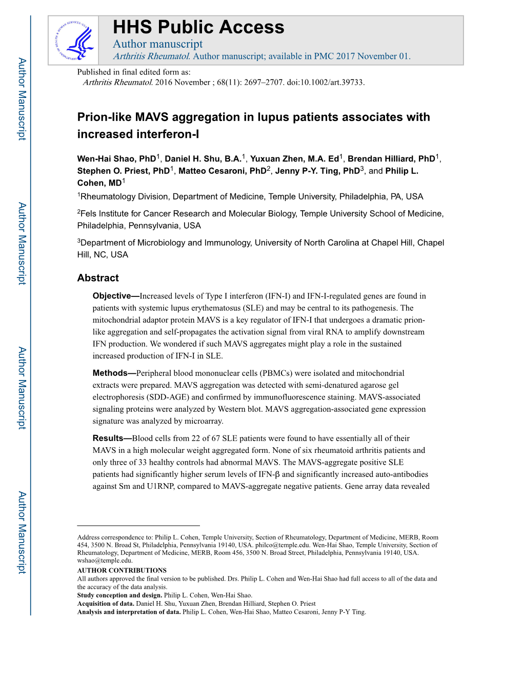 Prion-Like MAVS Aggregation in Lupus Patients Associates with Increased Interferon-I