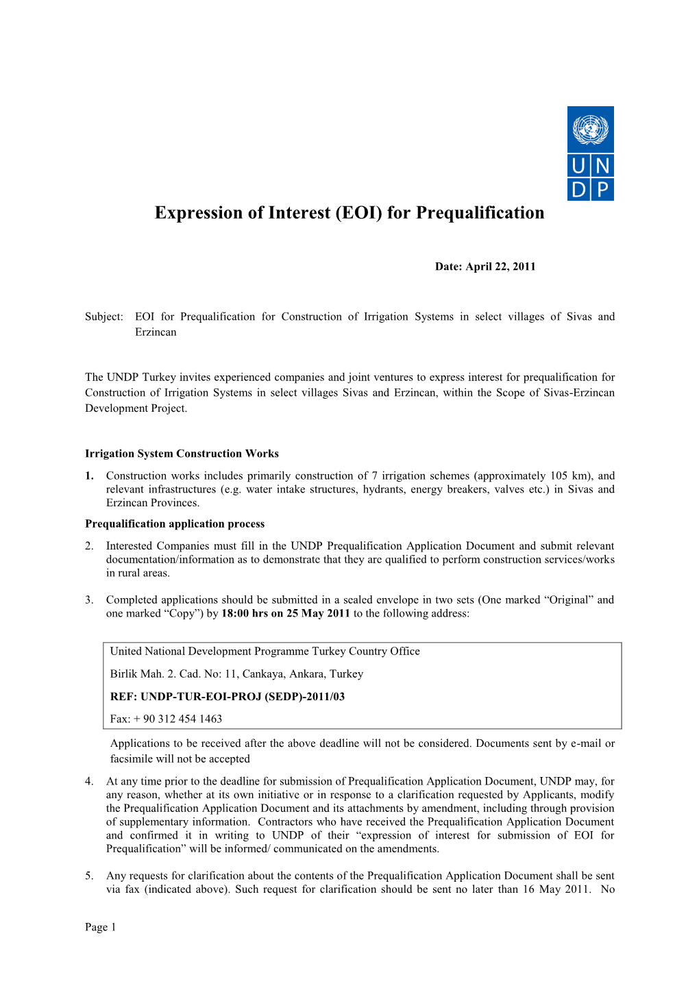 Expression of Interest (EOI) for Prequalification