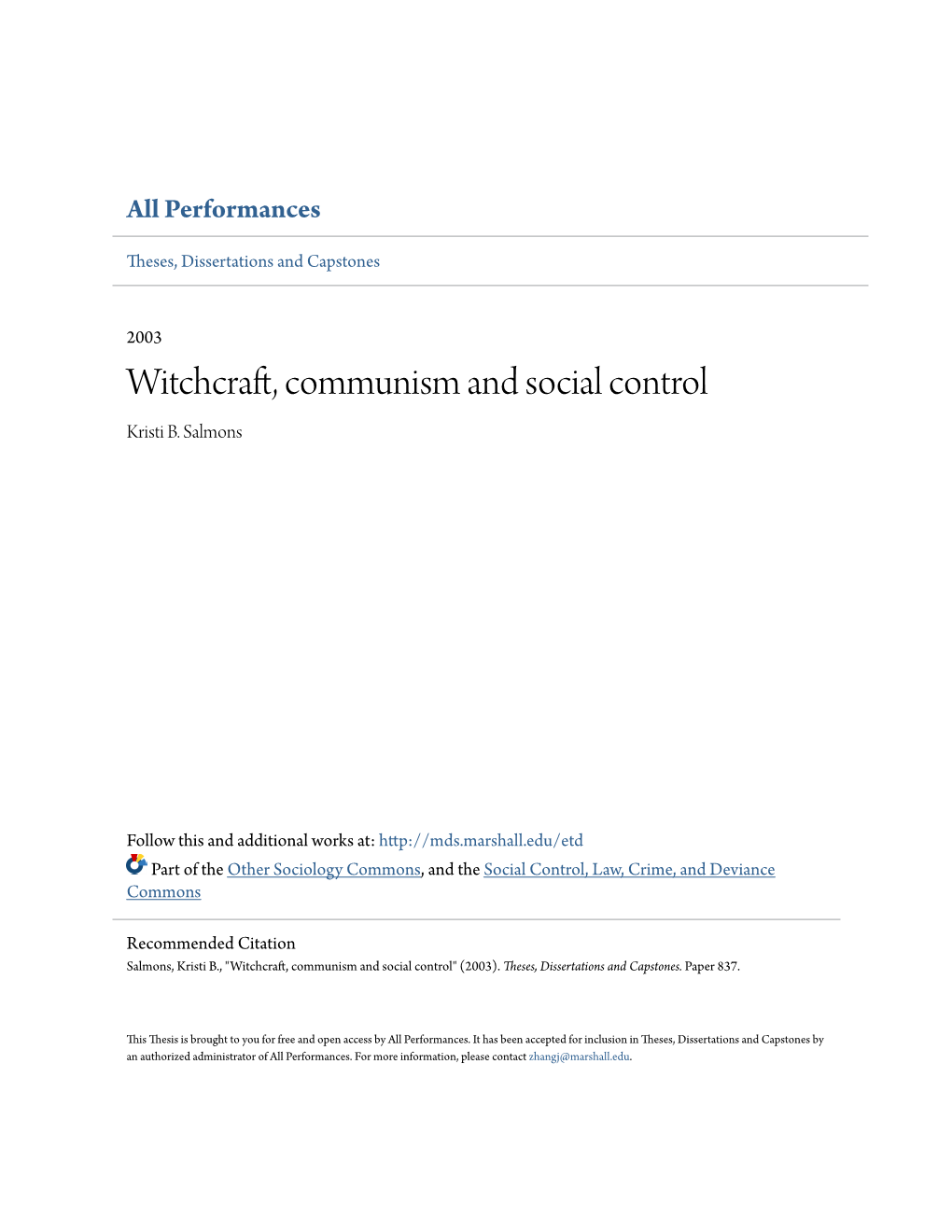 Witchcraft, Communism and Social Control Kristi B