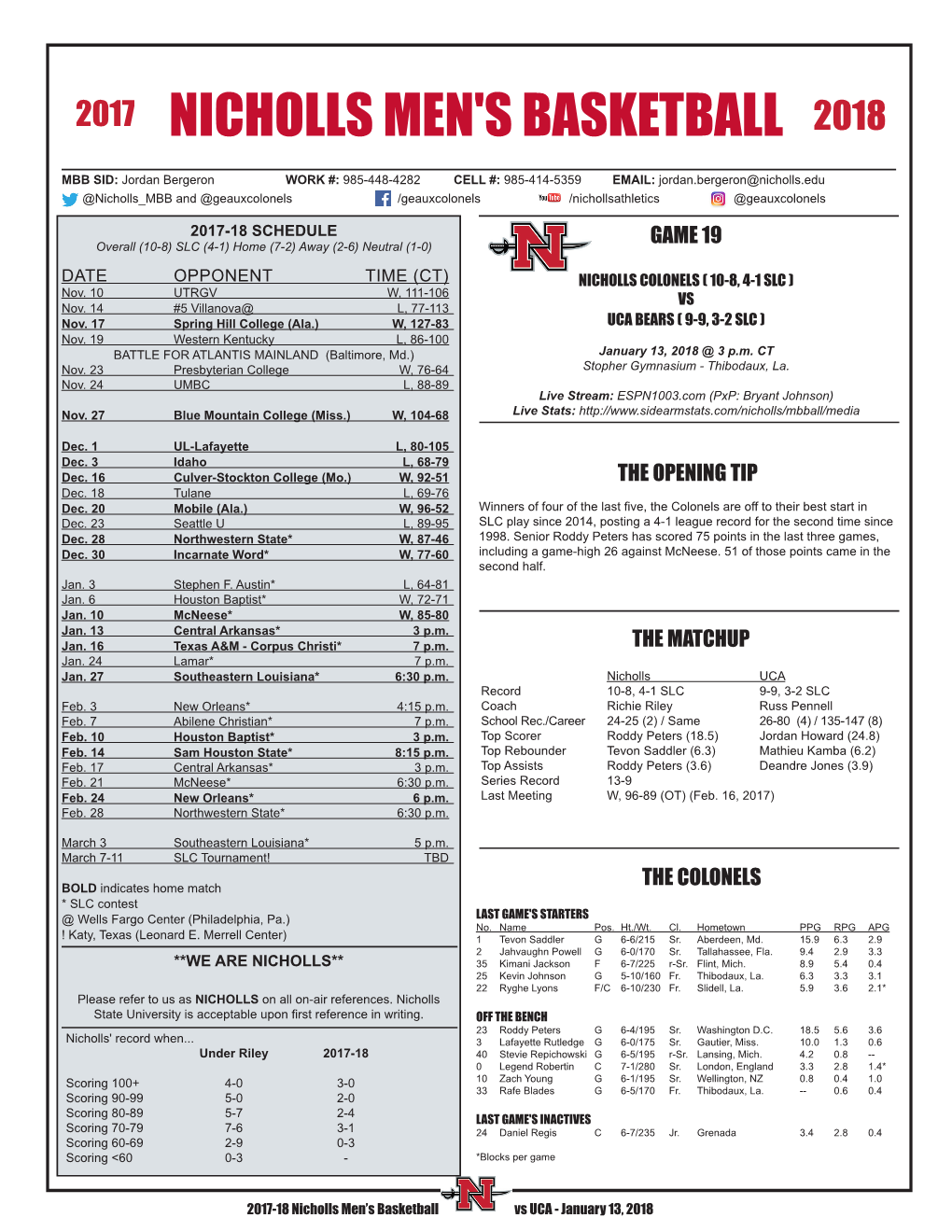 Nicholls Men's Basketball 2018