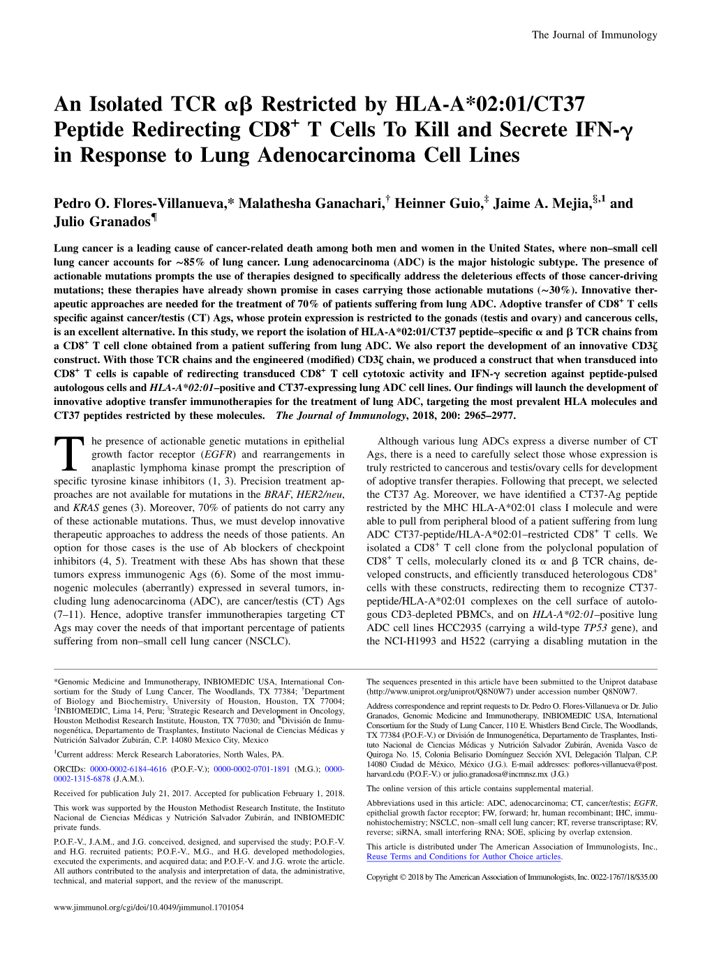 An Isolated TCR Αβ Restricted by HLA-A*02:01/CT37 Peptide Redirecting