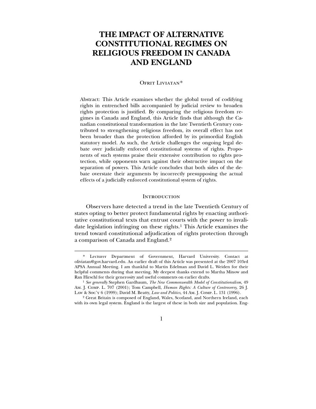 The Impact of Alternative Constitutional Regimes on Religious Freedom in Canada and England
