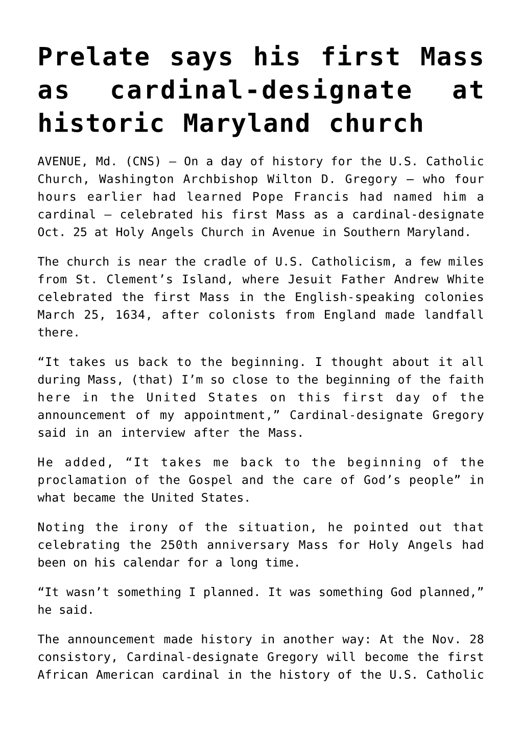 Prelate Says His First Mass As Cardinal-Designate at Historic Maryland Church