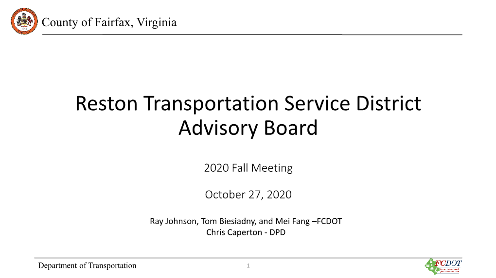Reston (Transportation) Funding Plan Overview